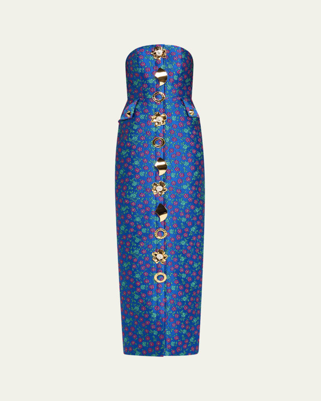 Quanta Floral Brocade Strapless Buttoned Gown